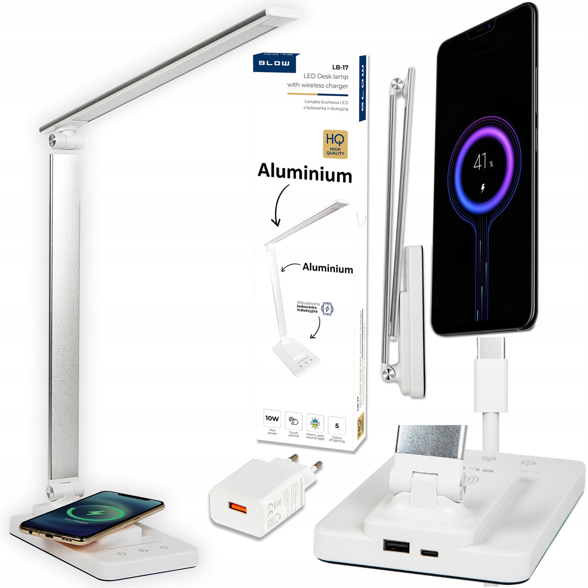 LAMPKA NA BIURKO LED BIURKOWA NOCNA KREŚLARSKA ALUMINIUM ŁADOWARKA 5 TRYBÓW ściemniana do nauki i pracy, biała 37,5 cm