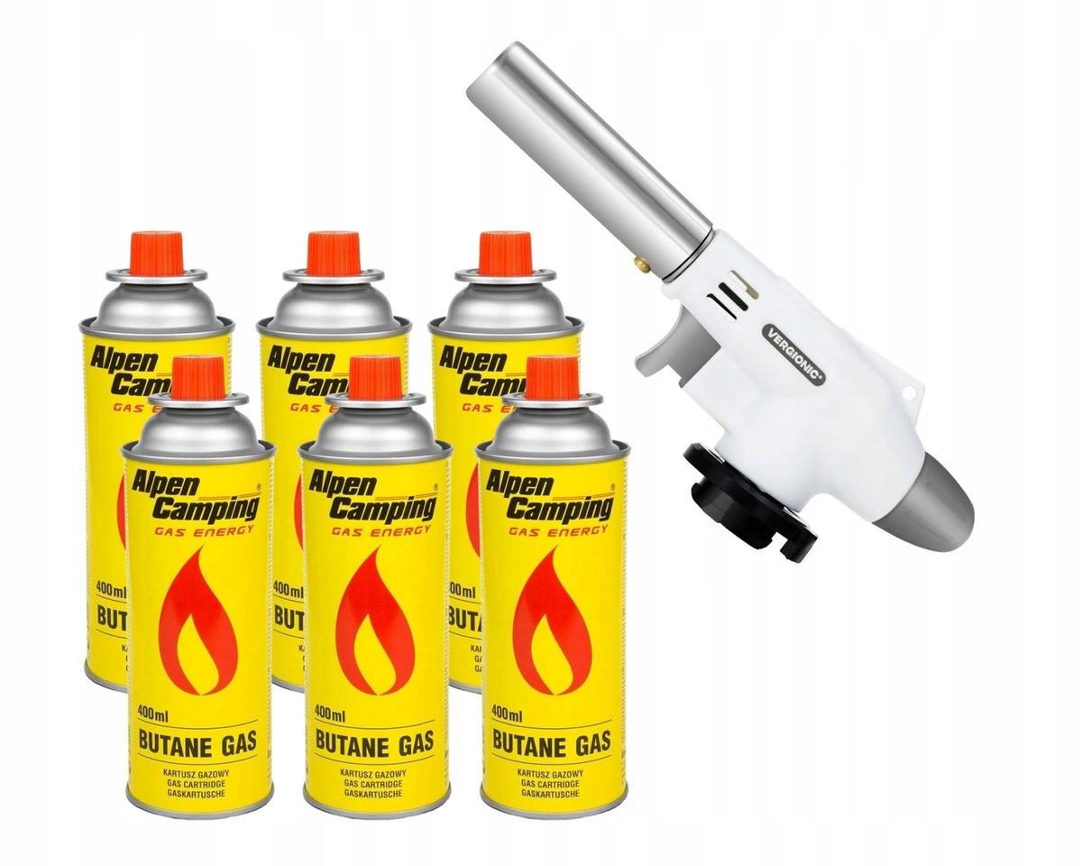 ZESTAW KARTUSZ GAZOWY 400 ML BUTAN 6 SZTUK + PALNIK FLAME GUN do lutowania, opalania i rozpalania, temperatura