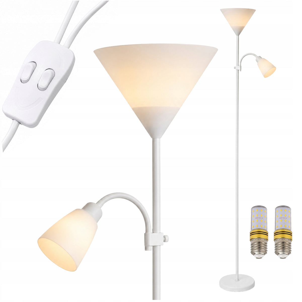 LAMPA PODŁOGOWA STOJĄCA DO SALONU DO CZYTANIA 170CM E27 BIAŁA + 2 ŻARÓWKI biały