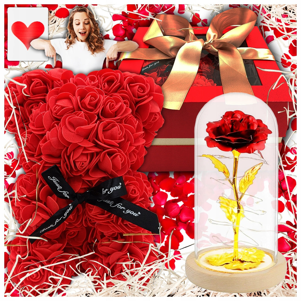 Zestaw prezentowy wieczna róża w szkle LED miś z róż w pudełku flower box ozdoba walentynkowa 26 cm dekoracja świetlna