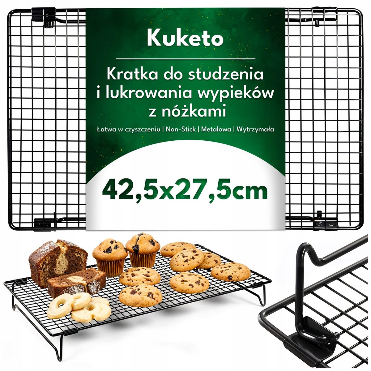 Kratka do studzenia ciasta chleba lukrowania wypieków z nóżkami duża 43x28 ruszt metalowy do tortów, ciastek i