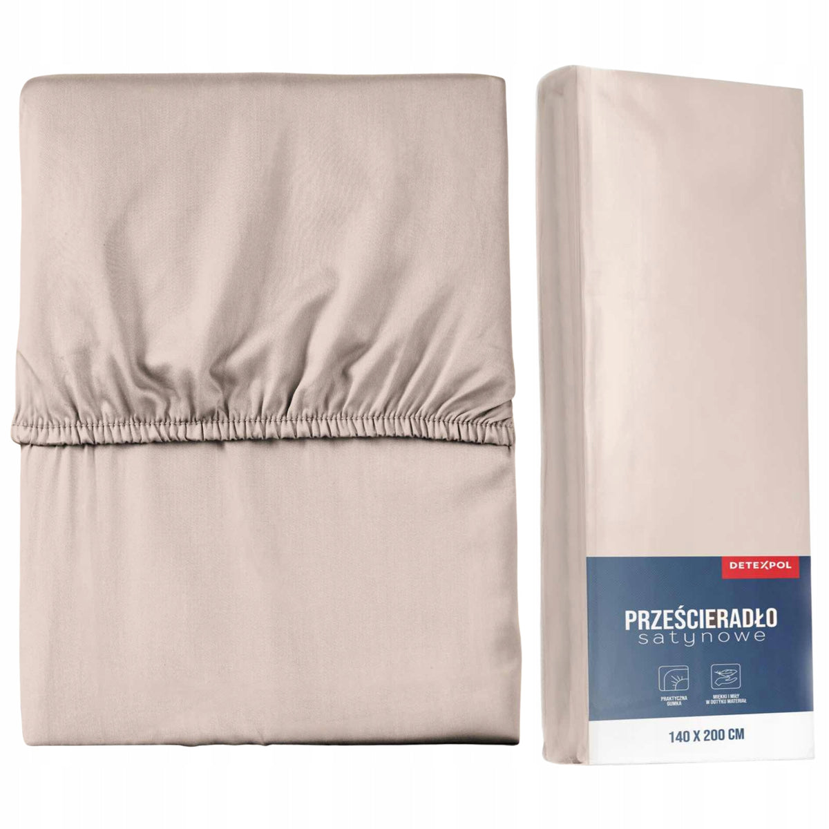 Prześcieradło mikrosatyna z gumką 140x200 beżowe poliestrowe, na materac do 25 cm, certyfikat oeko-tex Standard 100