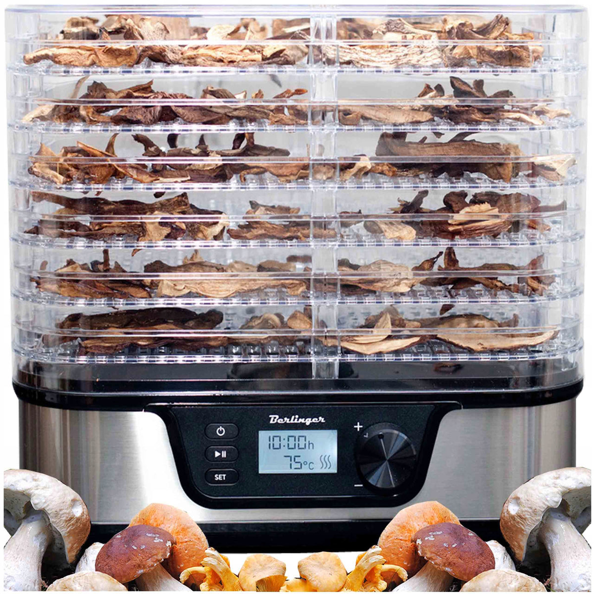 Suszarka do grzybów owoców BPA free dehydrator spożywczy, warzywa, zioła, 6 sit, regulacja temperatury 35–75°C, stal