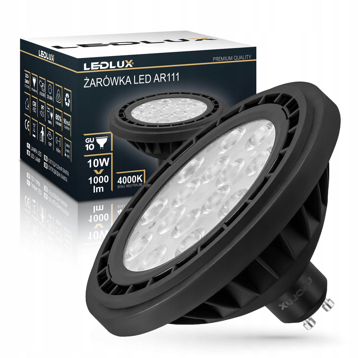 Żarówka LED AR111 10W =100W 4000K GU10 neutralna Premium ledlux nie mruga lampa reflektorowa do oświetlenia punktowego