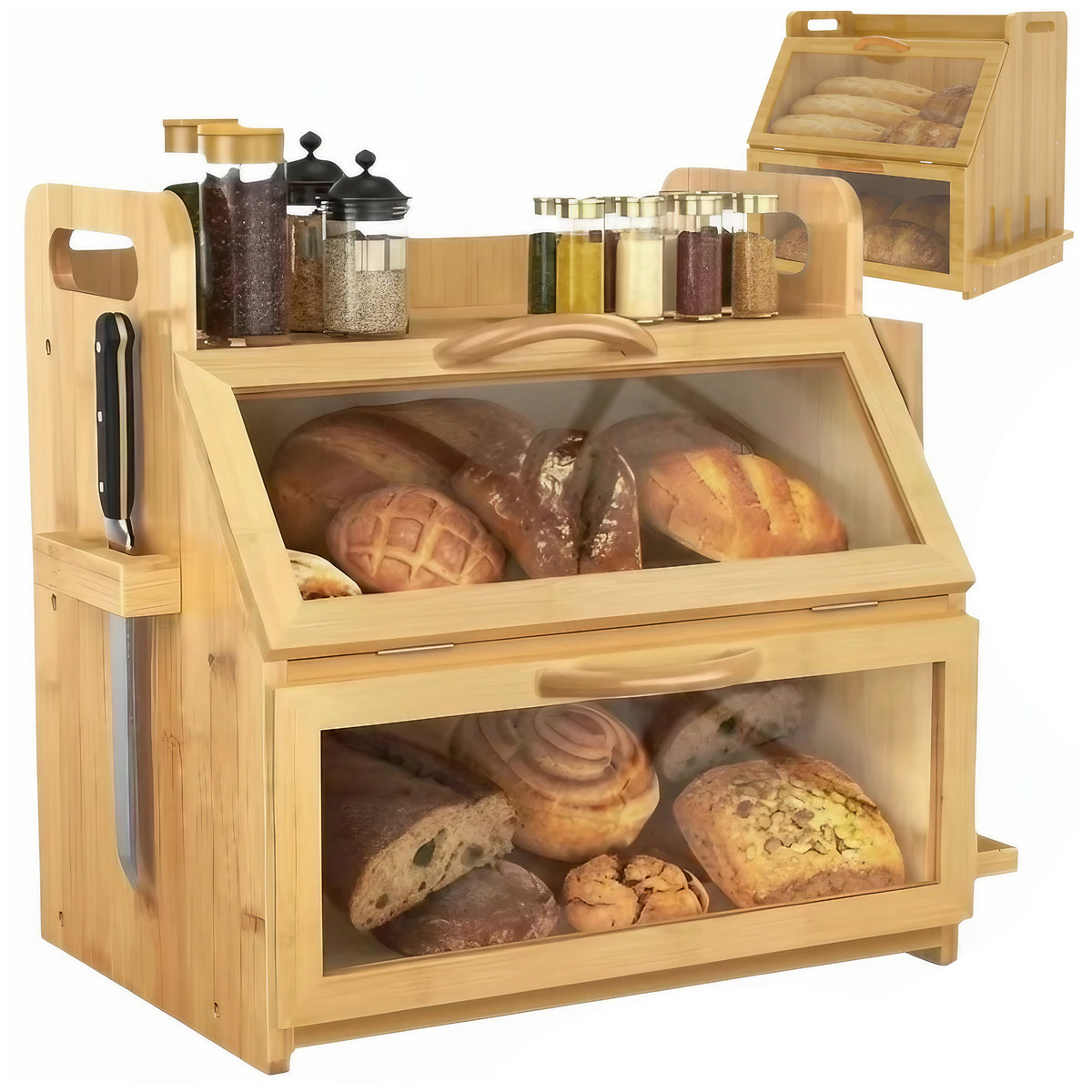 Chlebak pojemnik drewniany na chleb pieczywo duży 38x39x28 CM bambusowy prostokątny brązowy, jednoczęściowy, do