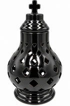 Znicz ceramiczny ażurowy czarny kremowy z krzyżem lampion nagrobny premium dekoracja na cmentarz, ozdoba na grób 38 cm