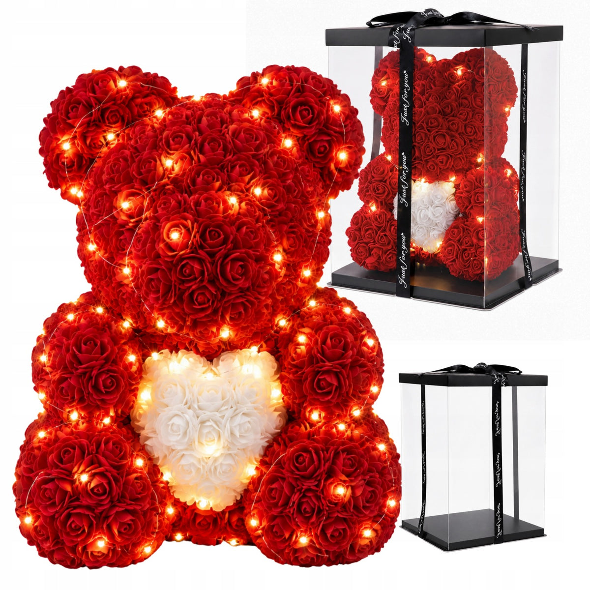 MIŚ Z RÓŻ 25 CM Z DIODAMI LED DUŻY NA PREZENT + PUDEŁKO maskotka dekoracyjna, ozdoba świetlna, upominek dla mamy, Dzień