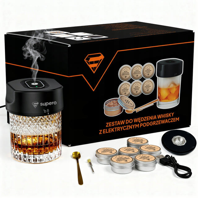 Zestaw do Wędzenia Whisky elektryczny smoker XL Prezent dla Faceta Chłopaka do aromatyzowania drinków i napojów, akcesoria barmańskie 16 elementów
