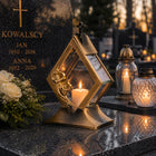 Znicz Kalia złoty szklany romb z kwiatem 35 cm na grób Wszystkich Świętych lampion cmentarny, dekoracja nagrobna, LED