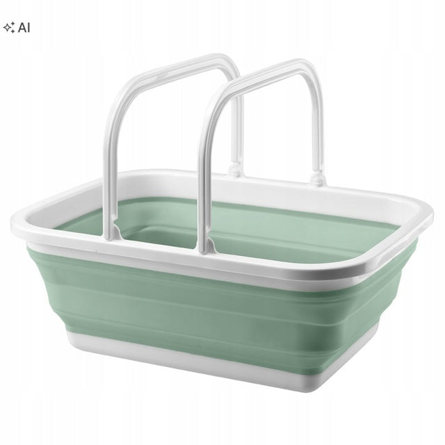Koszyk compact składany silikonowy na pranie wiadro miska z uchwytami pojemnik gospodarczy, organizer łazienkowy, biało-zielony 38 × 28,5 cm