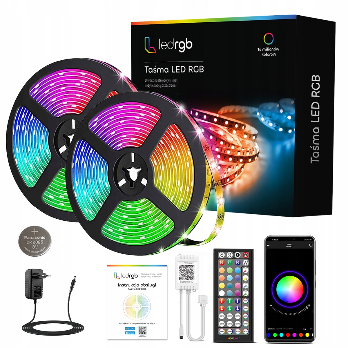 Taśma LED 15m RGB 5050 Bluetooth Pilot Aplikacja Zestaw Ledy SMD 30led/m pasek świetlny dekoracyjny wielokolorowy 12V