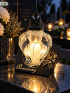 Znicz Metalowy Diament Wstęga Pamiętamy Złota lampion nagrobny parafinowy na grób, dekoracja cmentarna, pali się ponad