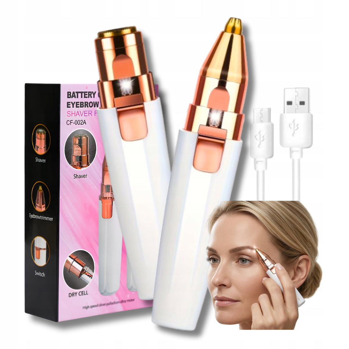 Depilator do brwi trymer do twarzy dla Kobiet USB+2 końcówki + LED + kabel