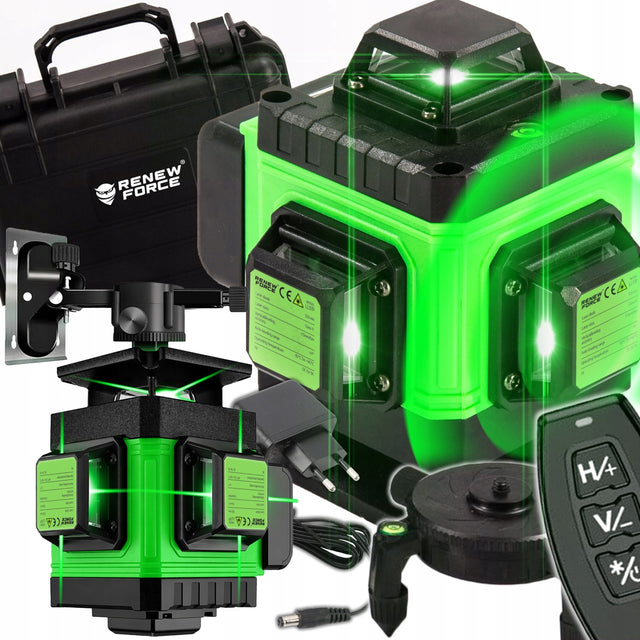 Poziomica laserowa 360 płaszczyznowa 3D 16 lini laser krzyżowy zielony PRO niwelator do prac budowlanych i remontowych, zasięg 40 m, dokładność 0,2 mm
