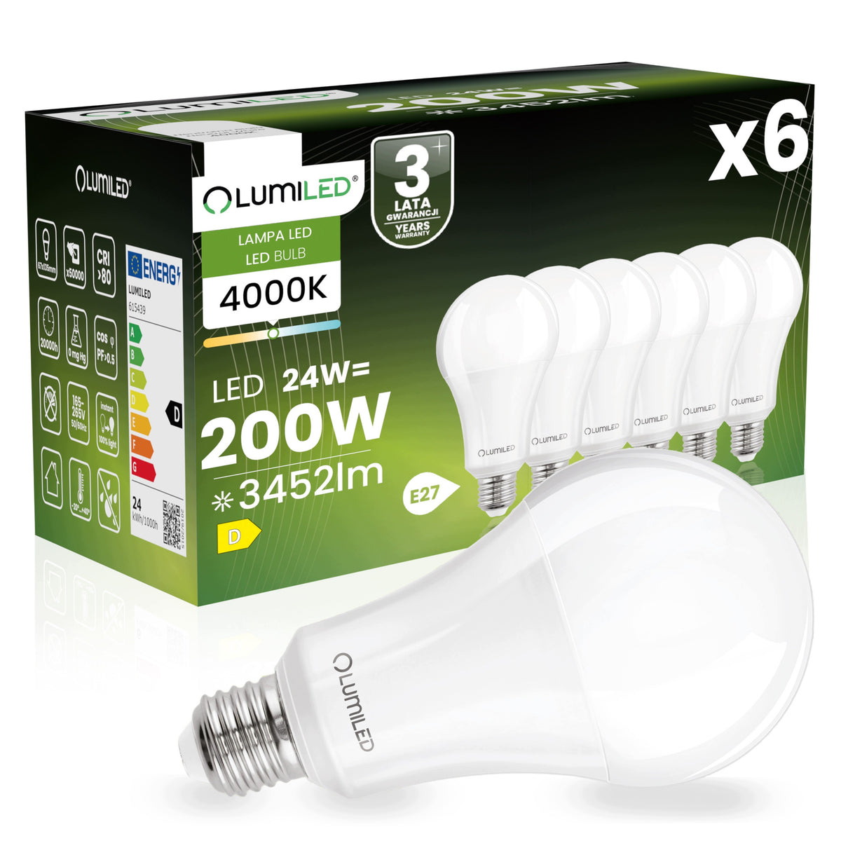 6x Żarówka LED E27 A67 24W = 200W 3452lm 4000K Neutralna 260° lumiled źródło światła do lamp i opraw, klasyczna forma