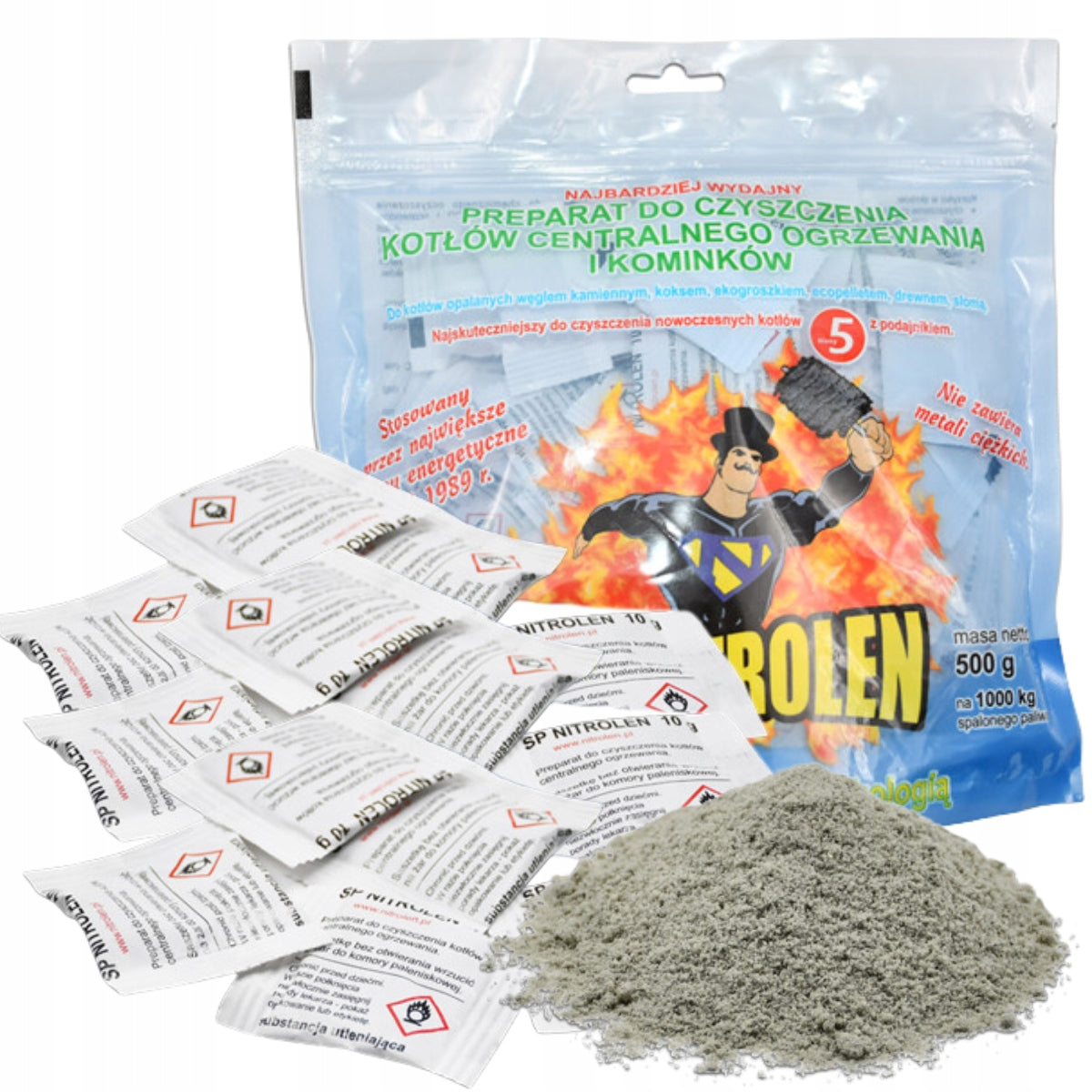 Wypalacz sadzy do pieca komina kominka kotła CO Nitrolen saszetki 50 x 500g preparat do przewodów spalinowych