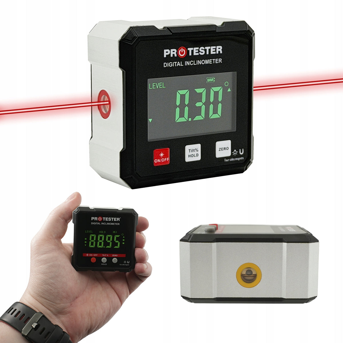 Kątomierz laserowy 4х90° cyfrowy poziomica z magnesem inklinometr miernik do pomiaru spadków i nachylenia, aluminiowy