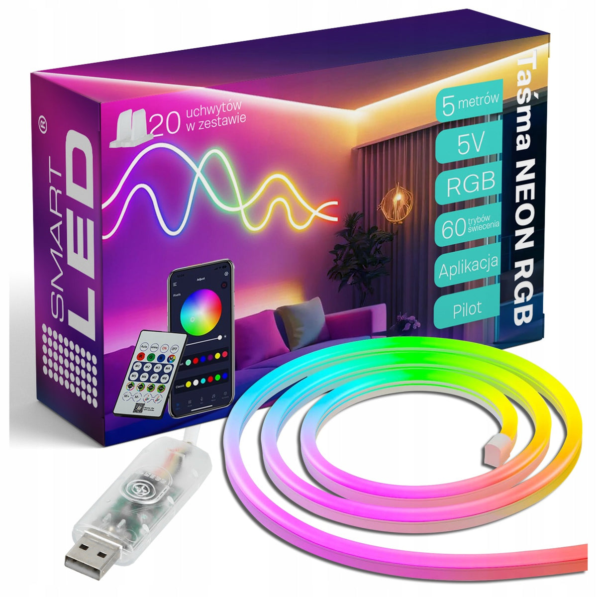 Taśma LED RGB 5m Wodoodporna Pilot Aplikacja IP65 5V USB Neon Elastyczny oświetlenie dekoracyjne wielokolorowe do