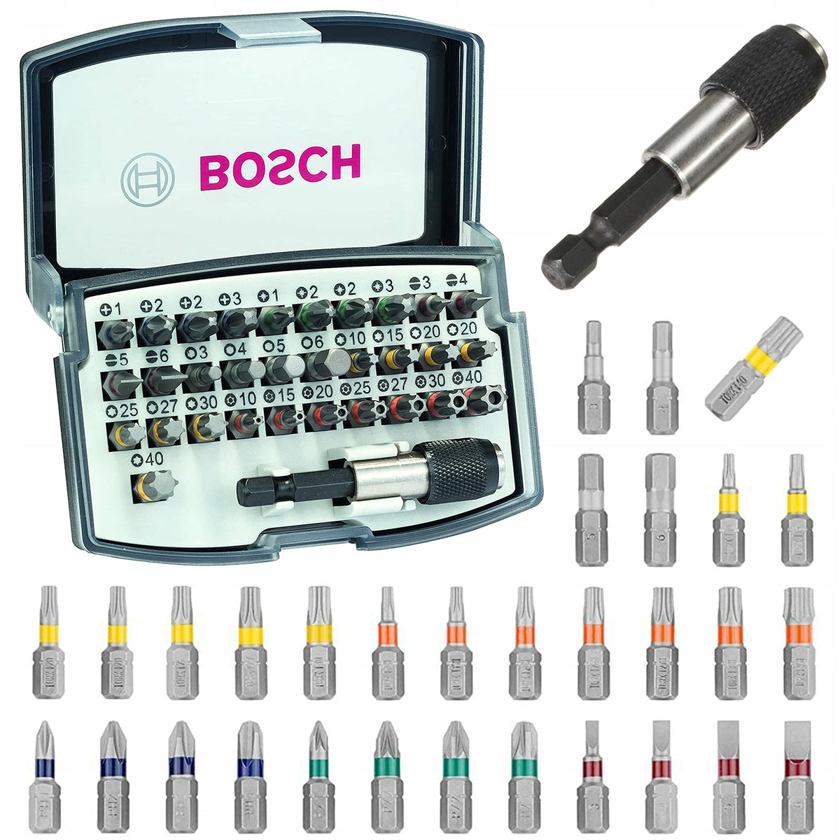32-częściowy zestaw końcówek wkręcających bosch bity do wkrętarki, nasada 1/4 cala, długość 25 mm, HEX, PH, płaskie