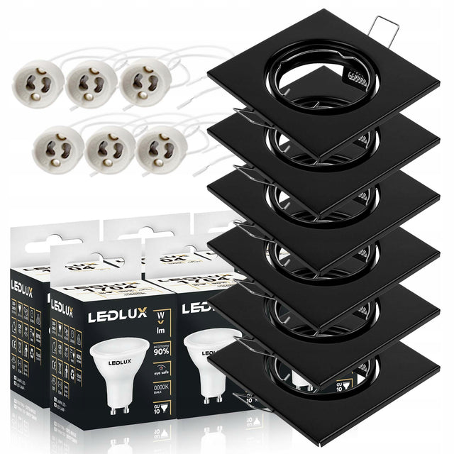 6x oprawa halogenowa sufitowa ruchoma kwadrat + LED GU10 5,5W oczko wpuszczane czarne, punktowe oświetlenie wnętrz 220 lm