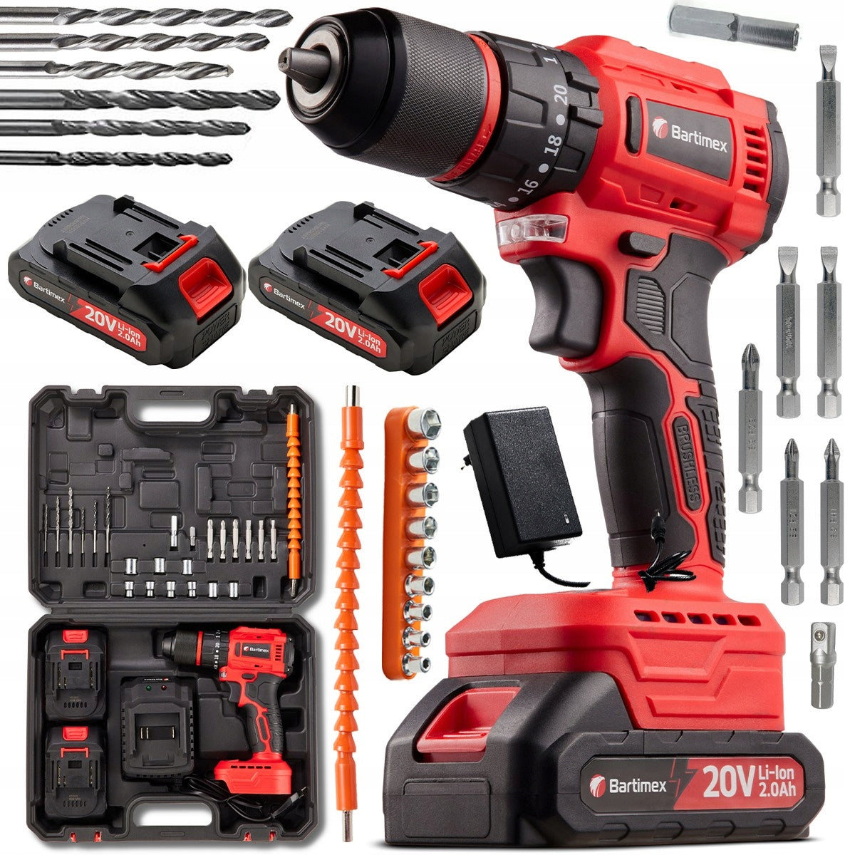 Wiertarko Wkrętarka BEZSZCZOTKOWA 20V 2x2,0Ah ZESTAW Bartimex BT-CD-20M udarowa, akumulatorowa do wiercenia i