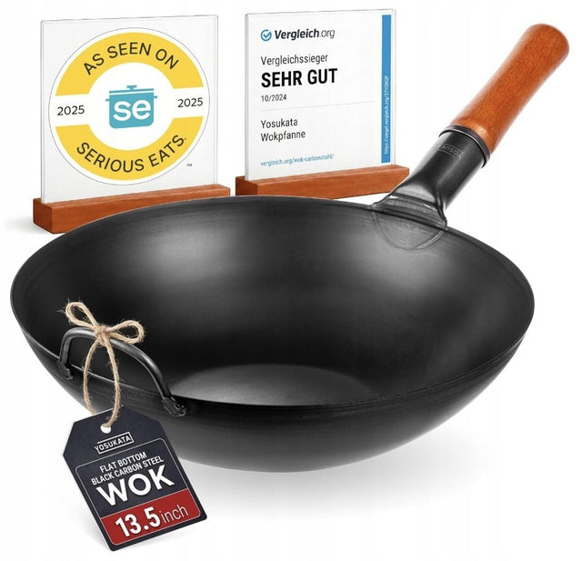 Yosukata Wok 34 cm stal węglowa płaskie dno indukcja gaz stir-fry patelnia do kuchni azjatyckiej, nienagrzewające się uchwyty patelnia azjatycka do