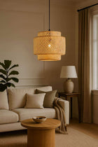 Lampa wisząca Tulum bambusowa czarna zawieś 38cm naturalna beżowa BOHO TH06 do salonu jadalni sypialni, abażur, oprawa