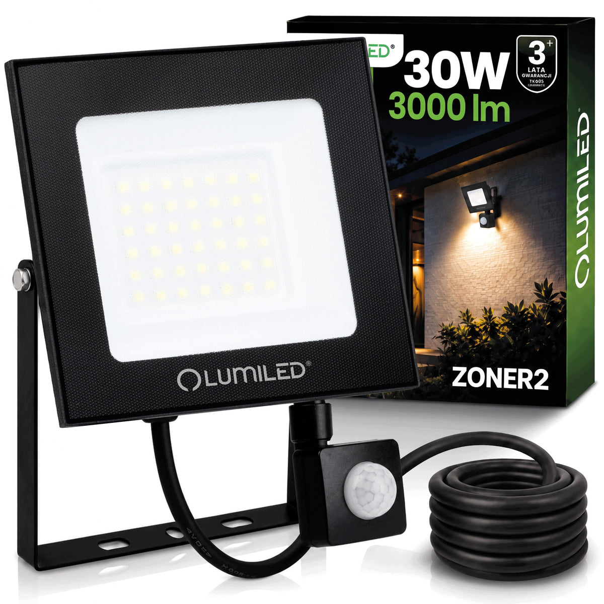 Naświetlacz LED Halogen 30W Zewnętrzny Reflektor Lampa z Czujnikiem Ruchu do ogrodu, IP65, 3000 lm, biały neutralny