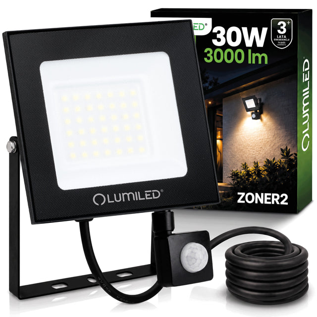 Naświetlacz LED Halogen 30W Zewnętrzny Reflektor Lampa z Czujnikiem Ruchu do ogrodu, IP65, 3000 lm, biały neutralny 4000 K