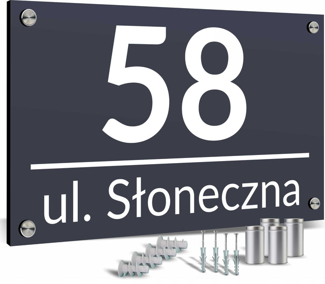 Tabliczka adresowa antracyt Numer Domu Dom dystanse MON. odporna widoczna oznaczenie posesji, szyld na elewację, aluminium 32x21 cm