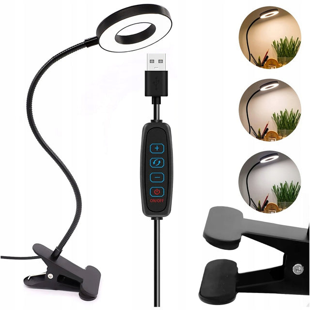Lampa Biurkowa Led USB z Klipsem Elastyczna Lampa Regulowana Moc 3 Barwy lampka do nauki i czytania, ściemniana, czarna, wysokość 41 cm