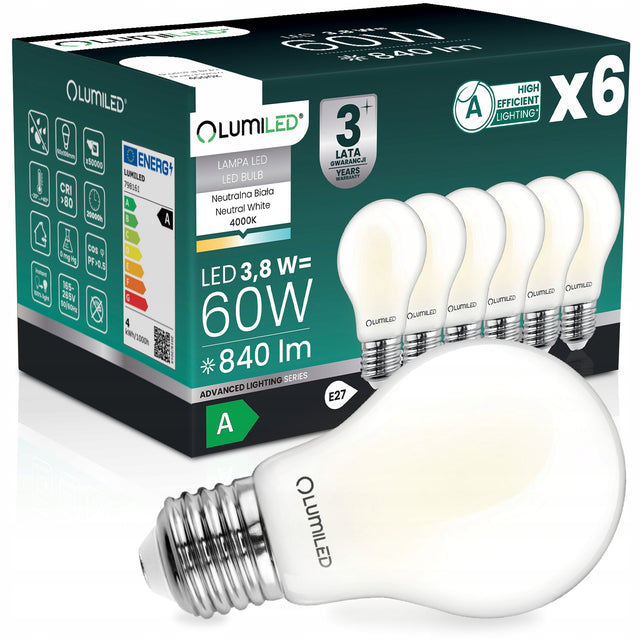6x żarówka LED E27 filament klasa a 3,8W 840LM = 60W 4000K 360° lumiled tradycyjna bańka, neutralna biel, do lamp i opraw