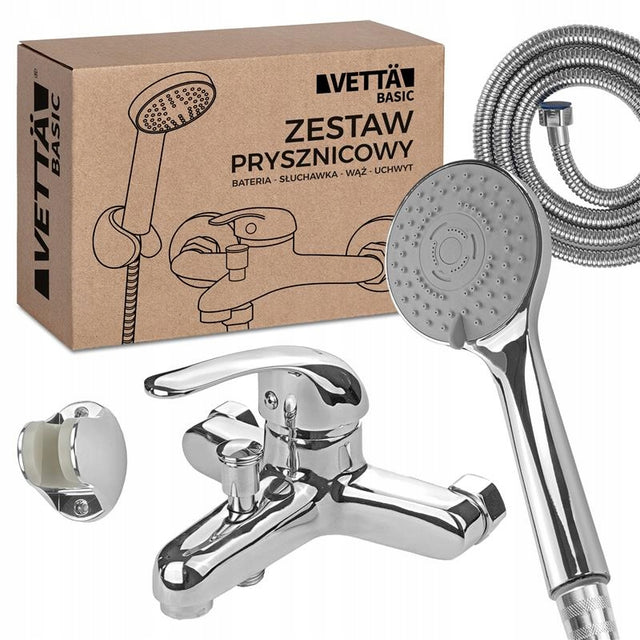 Zestaw Wannowy Bateria Prysznicowa Ścienna Wąż Uchwyt Słuchawka 5 Trybów kran łazienkowy jednouchwytowy srebrny, 2-otworowy, ze stałą wylewką