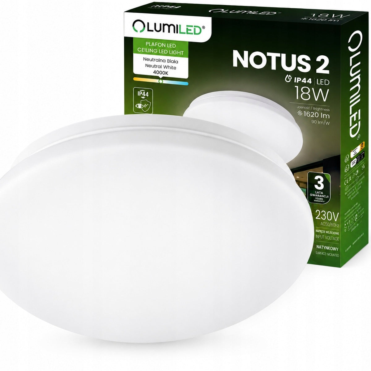 Plafon LED Panel Natynkowy Sufitowy Lampa 18W Okrągły IP44 33cm Nie Mruga do łazienki, kuchni, neutralna barwa