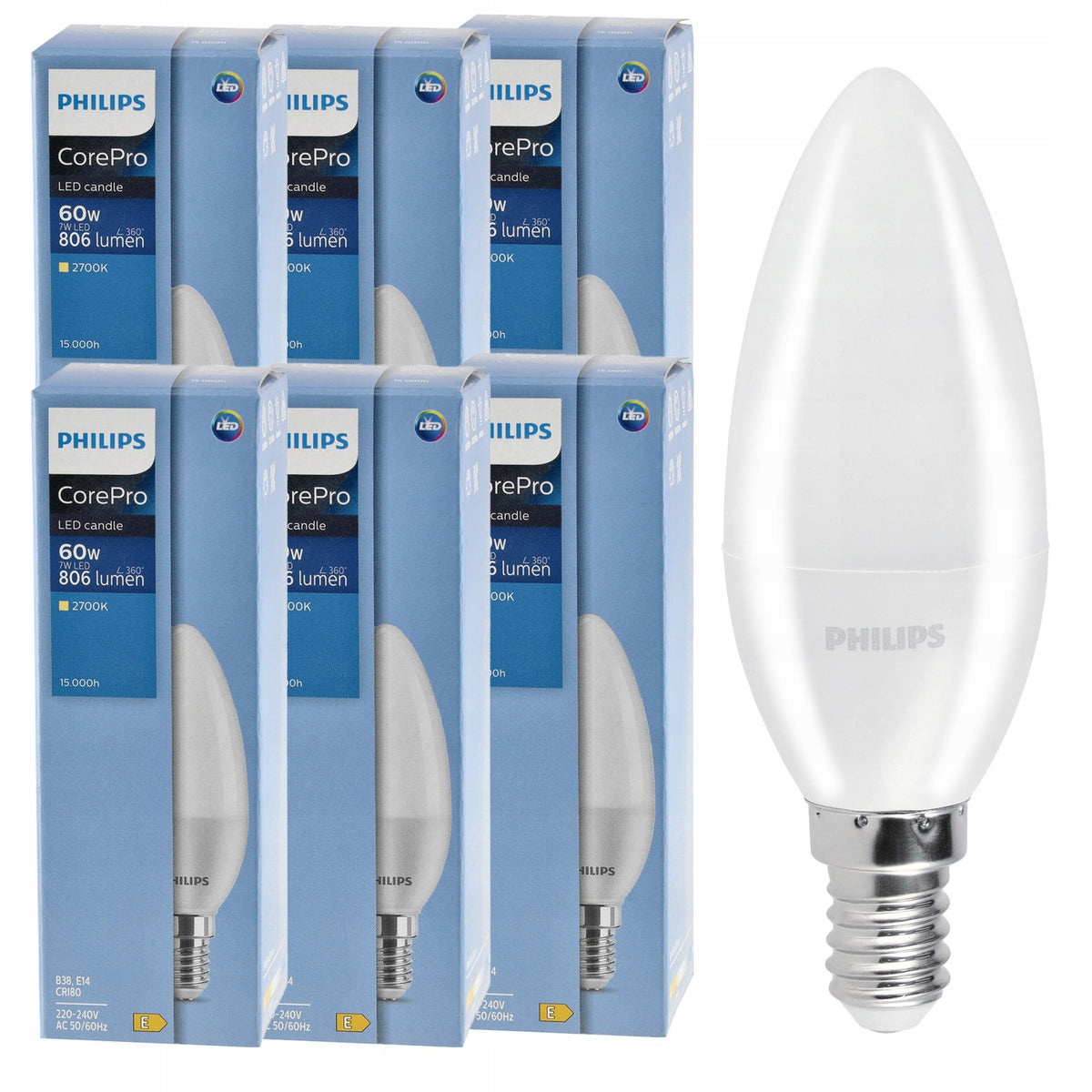 6x Żarówka LED E14 philips 7W=60W 806lm Barwa 2700k Świeczka Premium Zestaw ciepłe białe światło do lamp i żyrandoli