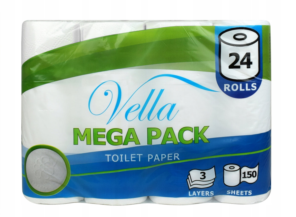 Papier toaletowy Vella mega pack bezzapachowy 3 warstwy 24 rolki celulozowy biały do łazienki, 150 listków