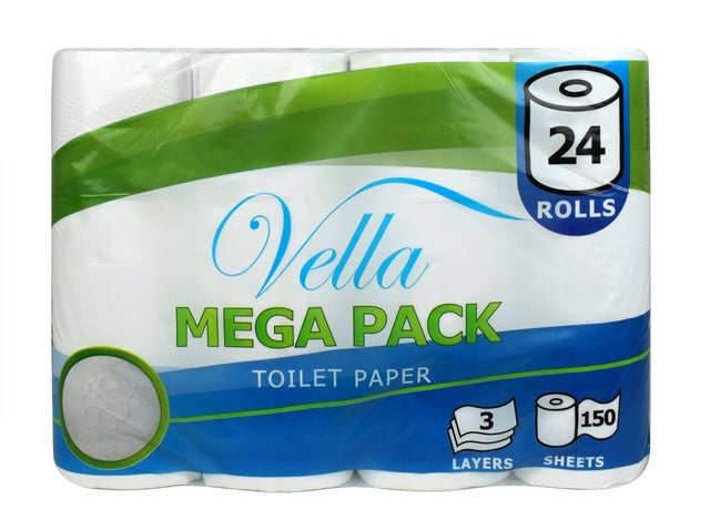Papier toaletowy Vella mega pack bezzapachowy 3 warstwy 24 rolki celulozowy biały do łazienki, 150 listków