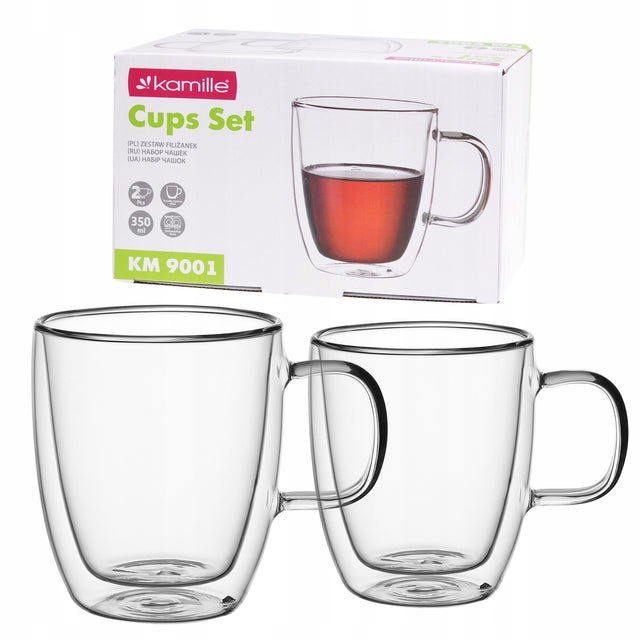 Szklanki termiczne kubki do kawy latte herbaty zestaw 2 szt. kamille podwójna ścianka, szkło, pojemność 350 ml, przezroczyste