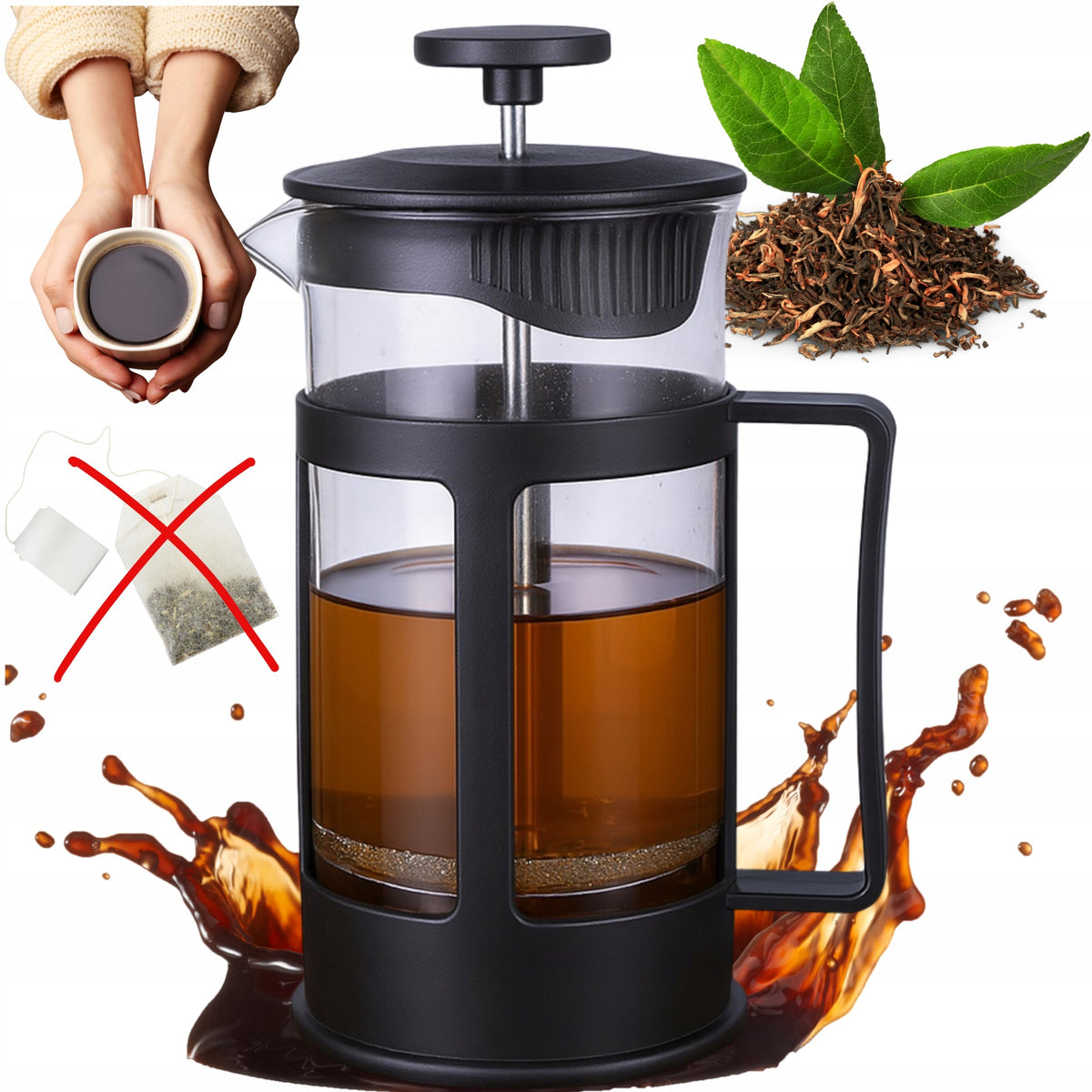 Zaparzacz do herbaty kawy french press 1l szklany czarny montessa dzbanek z tłokiem, praska tłokowa, 4 filiżanki, mycie
