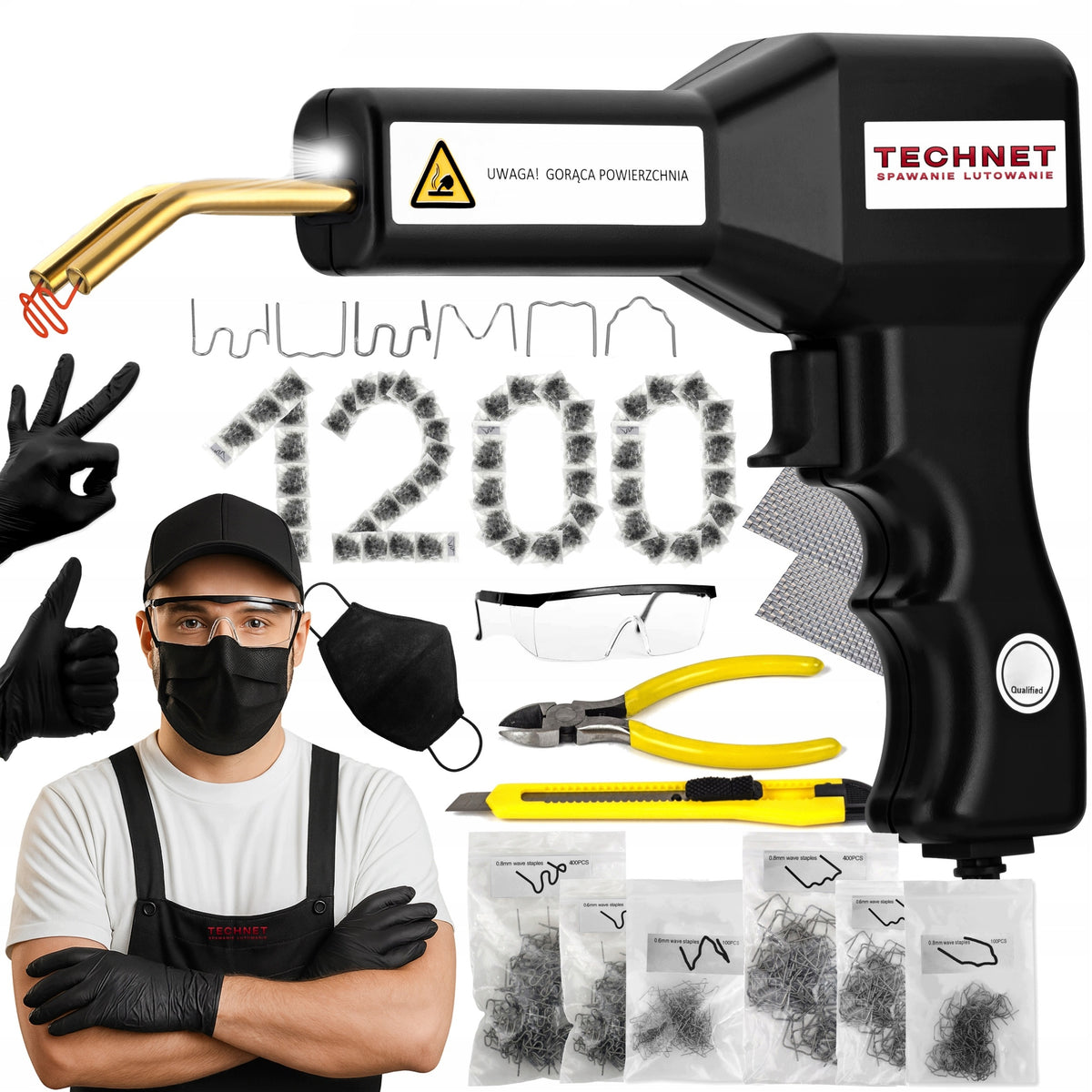 Zszywarka do plastiku zgrzewarka spawarka ZT1 50W 1200szt zszywek 2x siatka naprawa tworzyw sztucznych, zestaw