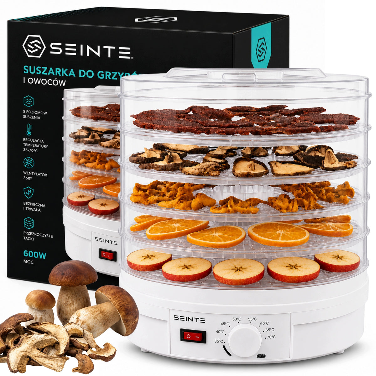 Suszarka do grzybów owoców i warzyw ziół duża 500W mocna 5 tacek regulacja dehydrator żywności, BPA free, cicha praca