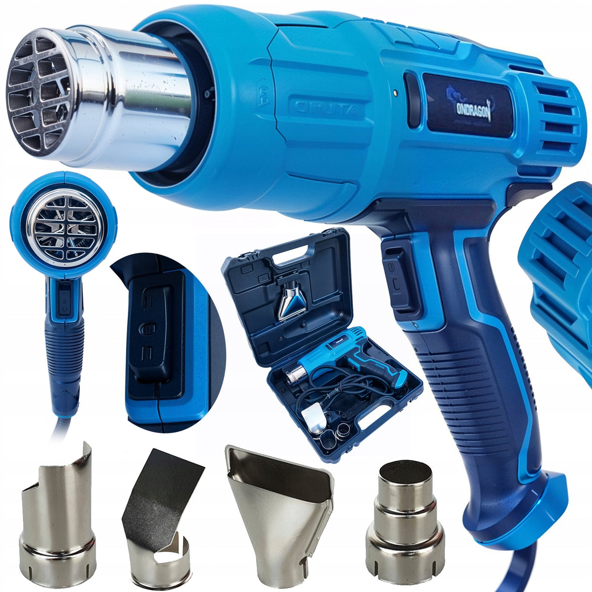 OPALARKA ELEKTRYCZNA 2 BIEGI REGULACJA 2300W 4 DYSZE WALIZKA 600C MOCNA suszarka techniczna, pistolet do gorącego
