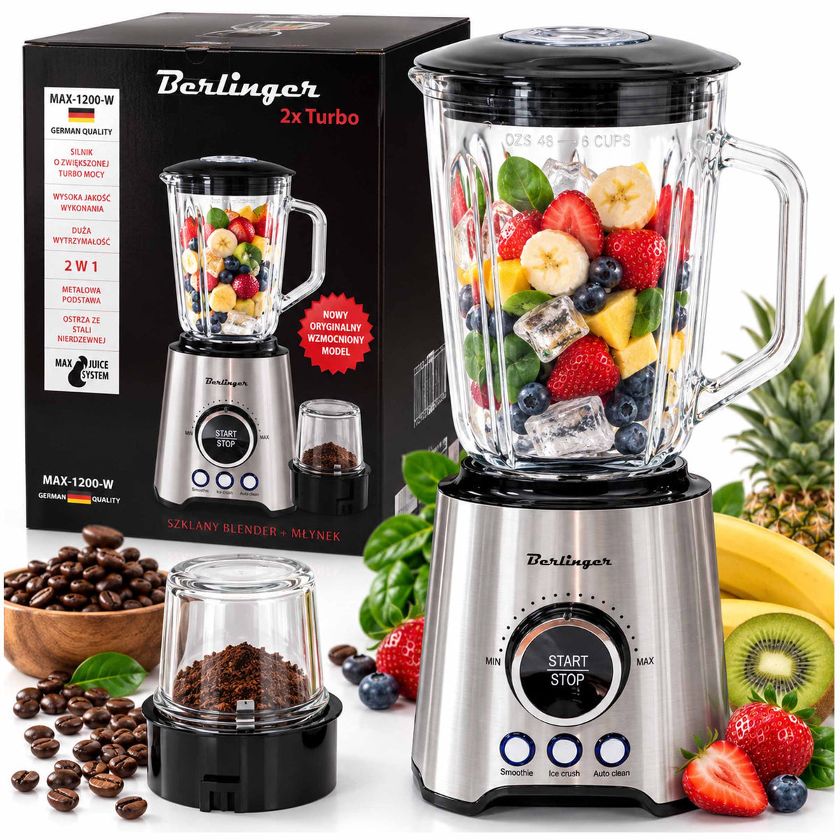 Blender Kielichowy 1,5l 1200 Do Koktajli Smoothie Mikser Lód Młynek do kawy