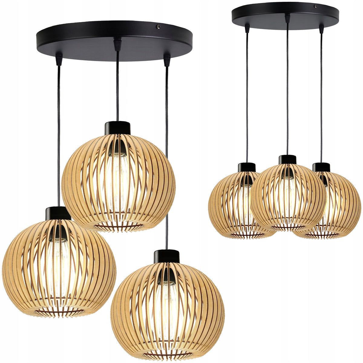 LAMPA WISZĄCA SUFITOWA DREWNIANA ŻYRANDOL POTRÓJNA REGULOWANA 3 KLOSZE oprawa do kuchni salonu jadalni, 3x E27, do 60 W