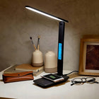 LAMPKA LED BIURKOWA REGULOWANA SZKOLNA BIURKO WYŚWIETLACZ LCD BUDZIK USB do nauki i czytania, ściemniana, czarna