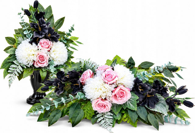 Wyjątkowy zestaw sztuczne kwiaty Wiązanka + Bukiet Stroik na Pomnik Grób kompozycja nagrobna czarne mieczyki róże 45 cm dekoracja cmentarna