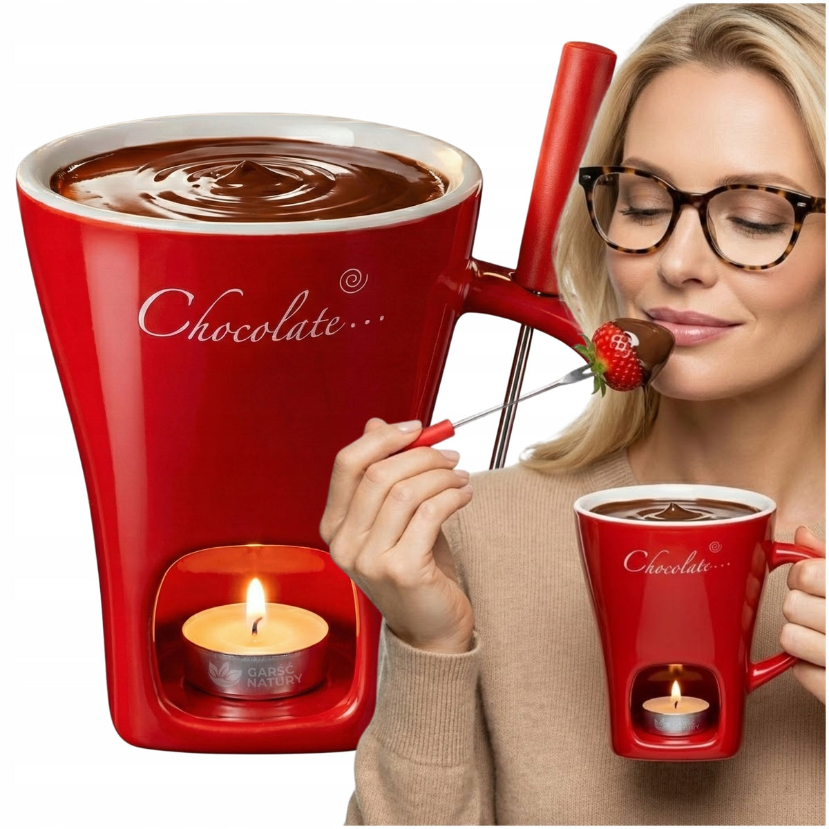 KUBEK DO FOUNDE CZEKOLADOWEGO czerwony ceramiczny ZESTAW DO CZEKOLADY 130ml podgrzewacz tealight, owoce, desery