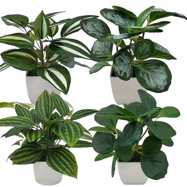 Sztuczne kwiaty rośliny w doniczce dekoracyjne do kuchni łazienki 4 sztuki biała kompozycja florystyczna na parapet, wysokość 18 cm