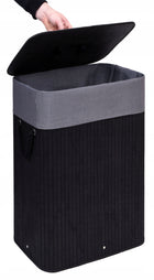 Kosz na pranie bieliznę do łazienki bambusowy kufer pojemnik z pokrywą loft brudownik wolnostojący 80 l czarny 42x32x59