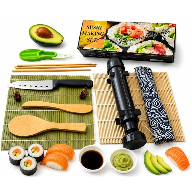Zestaw maszynka do robienia sushi bazooka z rolka mata akcesoria do sushi pałeczki, łyżka, dla 4 osób, można myć w zmywarce